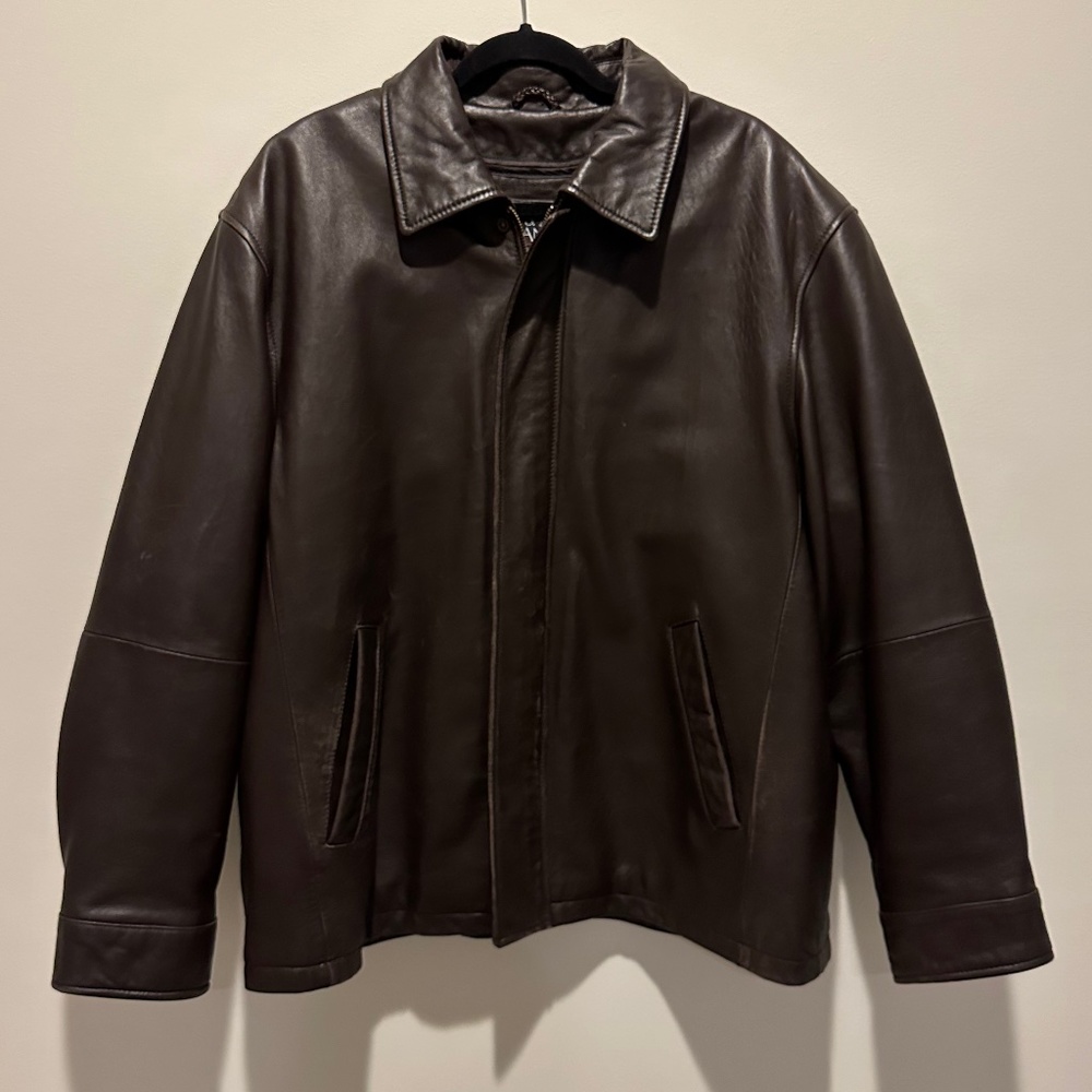 Jos. A. Bank Brown Leather Jacket Men's Zip Front Lined Coat.